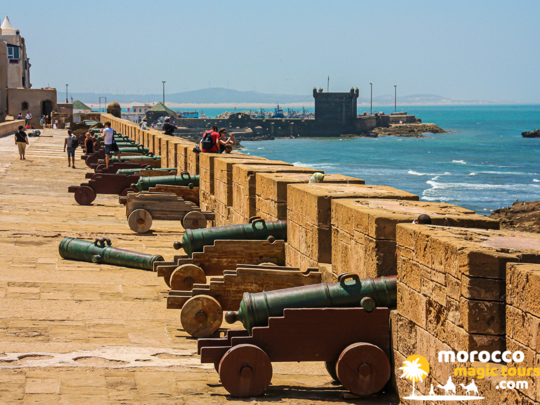One of our Morocco tours from casablanca to Essaouira 9 days in Morocco Historic brass cannons along ocean ramparts